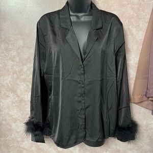 Chic Black Satin Blouse with Feather Cuffs